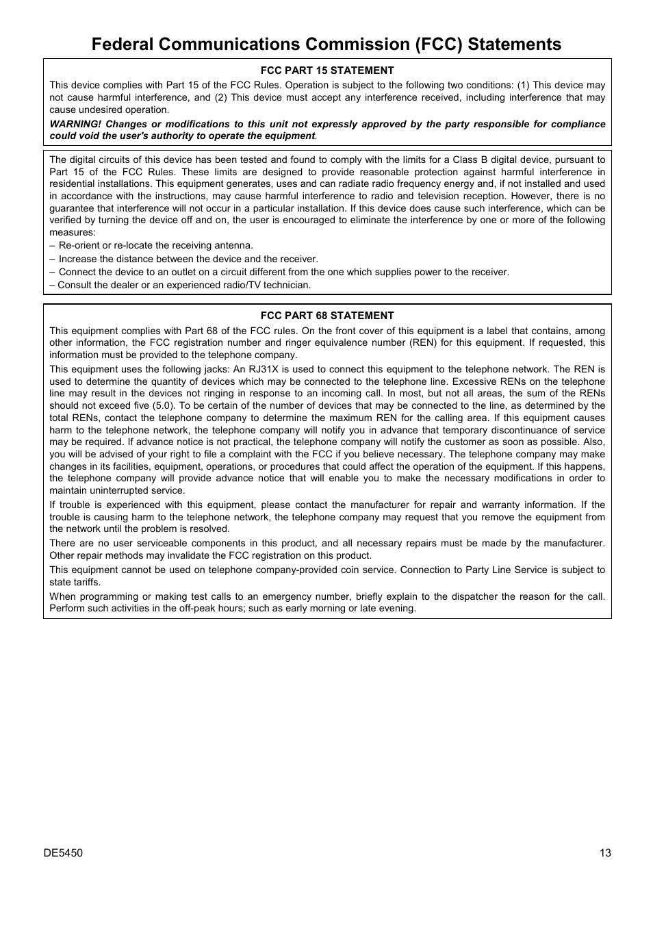 Federal communications commission (fcc) statements | PowerMax DE5450 User Manual | Page 13 / 16