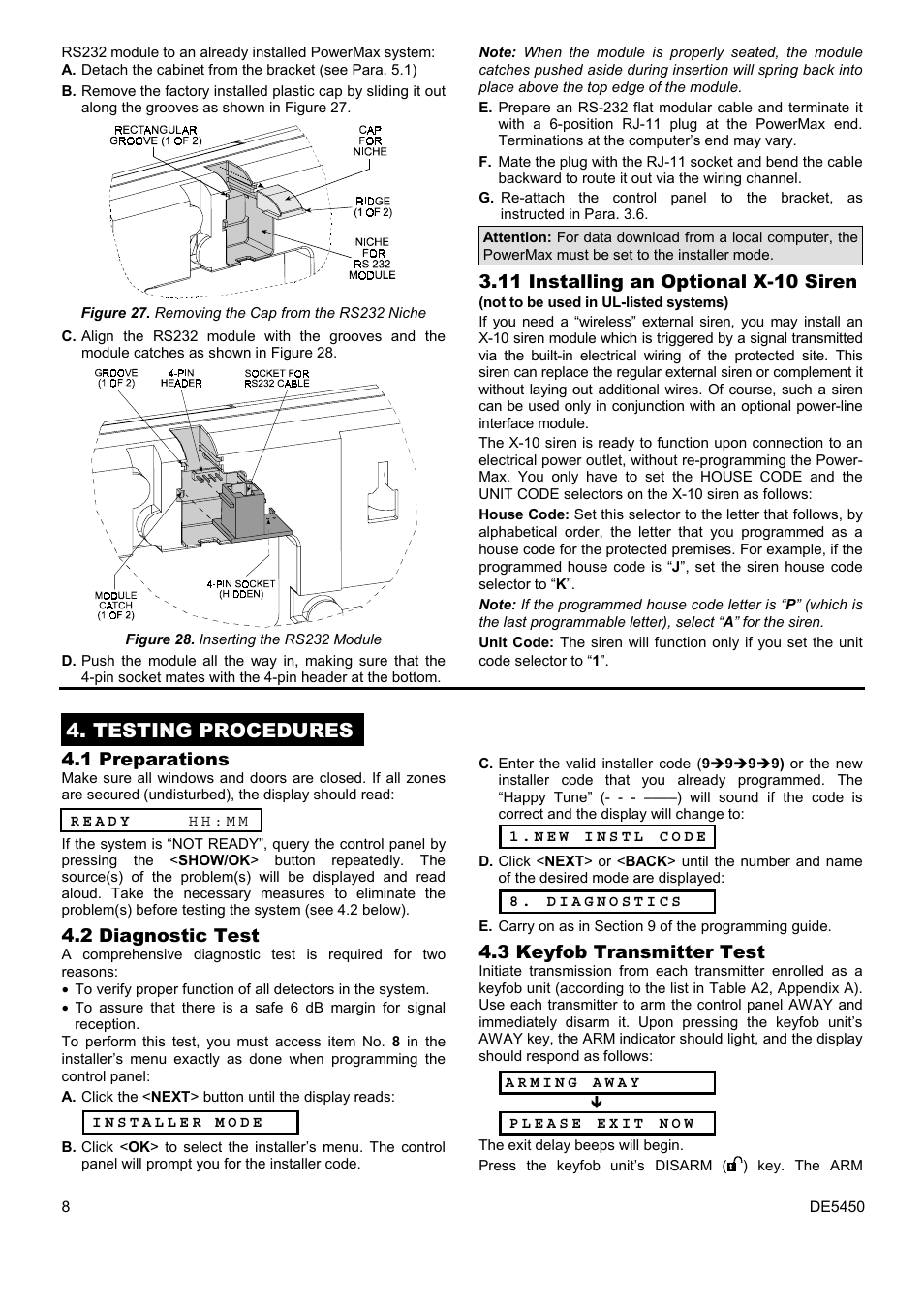 Testing procedures, 11 installing an optional x-10 siren, 1 preparations | 2 diagnostic test, 3 keyfob transmitter test | PowerMax DE5450 User Manual | Page 8 / 16