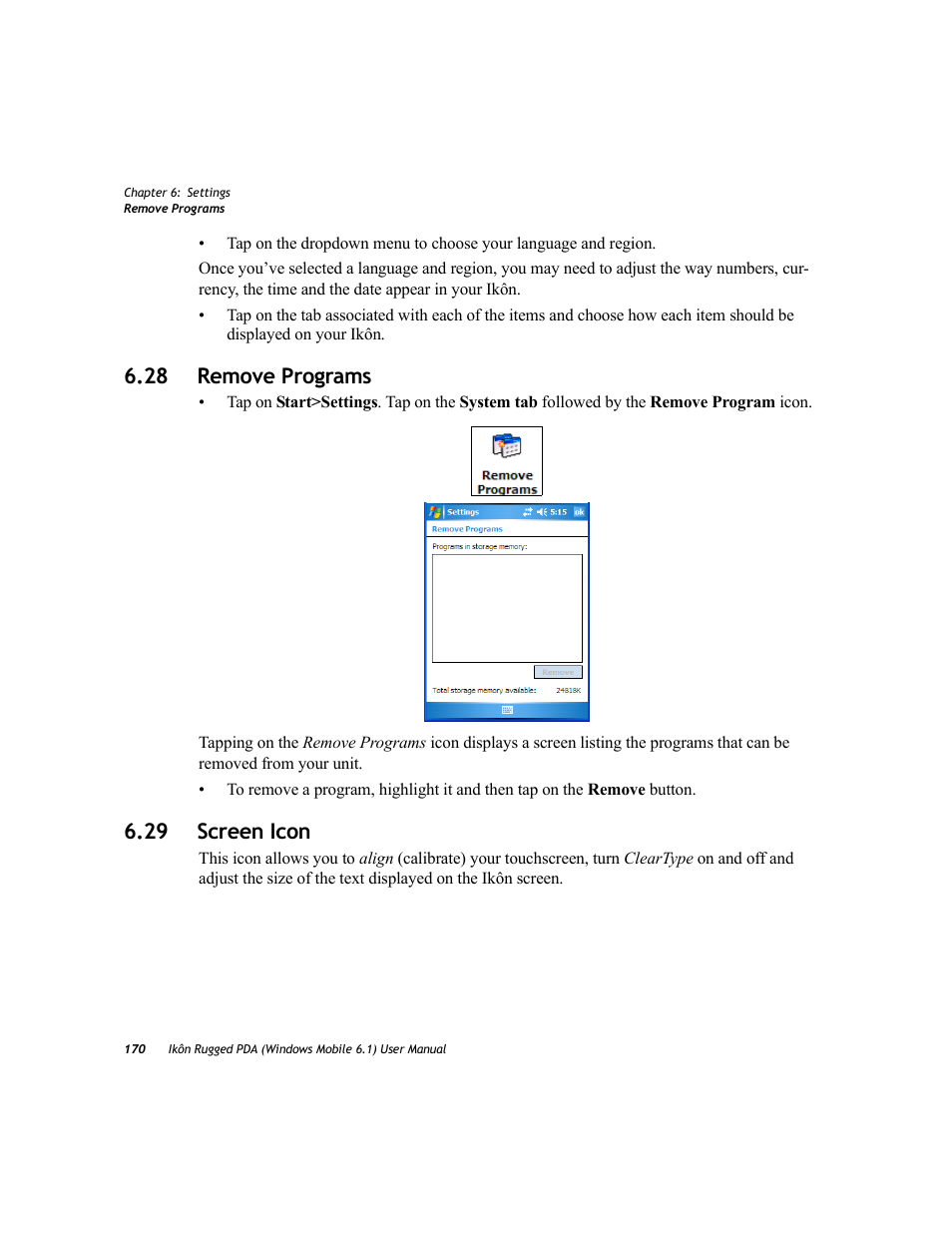 28 remove programs, 29 screen icon, 28 remove programs 6.29 screen icon | PYLE Audio IKON RUGGED 7505-BT User Manual | Page 184 / 406