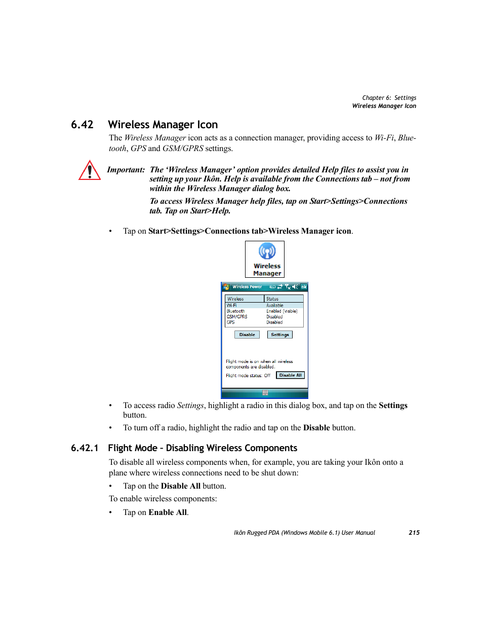 42 wireless manager icon, 1 flight mode – disabling wireless components | PYLE Audio IKON RUGGED 7505-BT User Manual | Page 229 / 406