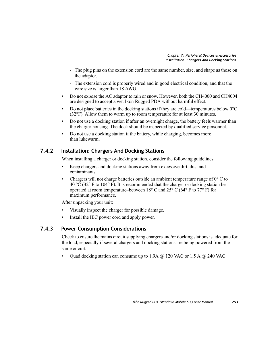 2 installation: chargers and docking stations, 3 power consumption considerations, Installation: chargers and docking stations | Power consumption considerations | PYLE Audio IKON RUGGED 7505-BT User Manual | Page 267 / 406