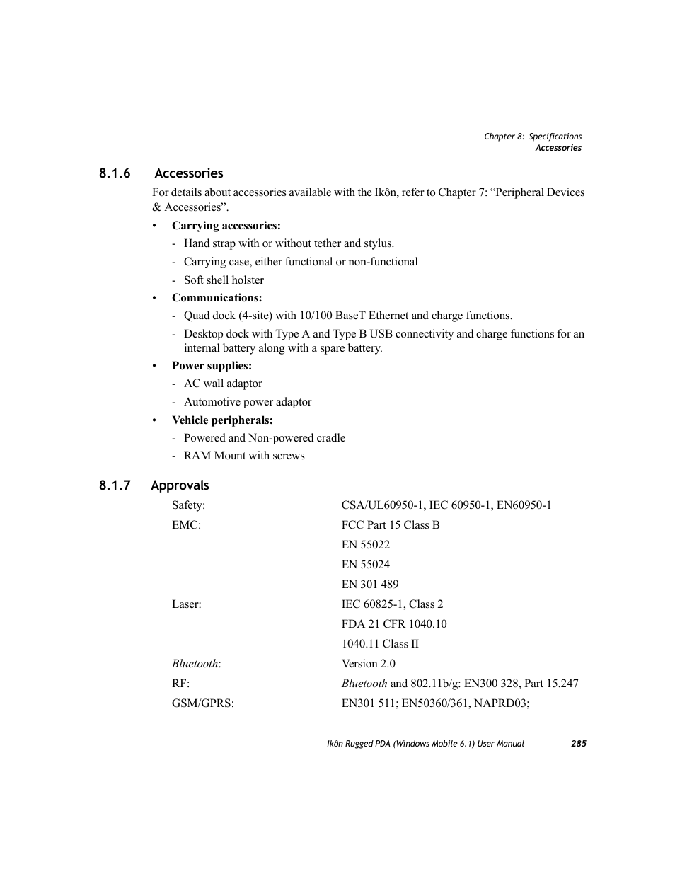 6 accessories, 7 approvals, Accessories | Approvals, 6 accessories 8.1.7 approvals | PYLE Audio IKON RUGGED 7505-BT User Manual | Page 299 / 406
