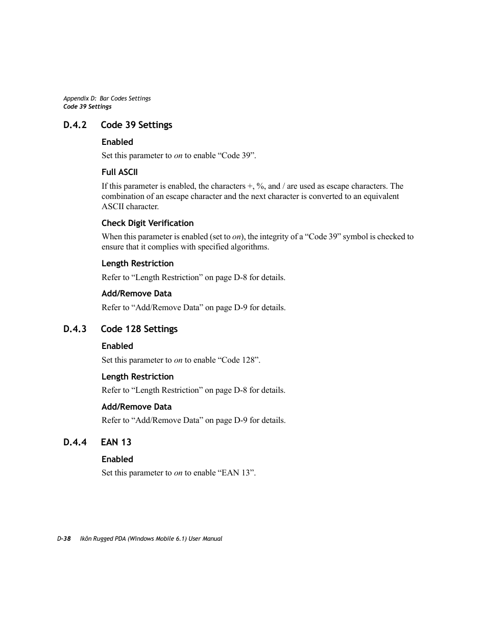 D.4.2 code 39 settings, D.4.3 code 128 settings, D.4.4 ean 13 | PYLE Audio IKON RUGGED 7505-BT User Manual | Page 386 / 406