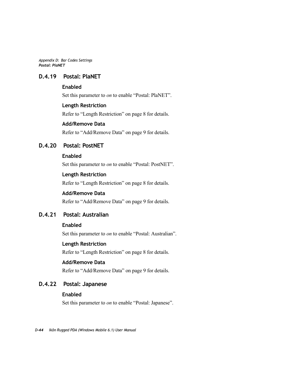 D.4.19 postal: planet, D.4.20 postal: postnet, D.4.21 postal: australian | D.4.22 postal: japanese | PYLE Audio IKON RUGGED 7505-BT User Manual | Page 392 / 406