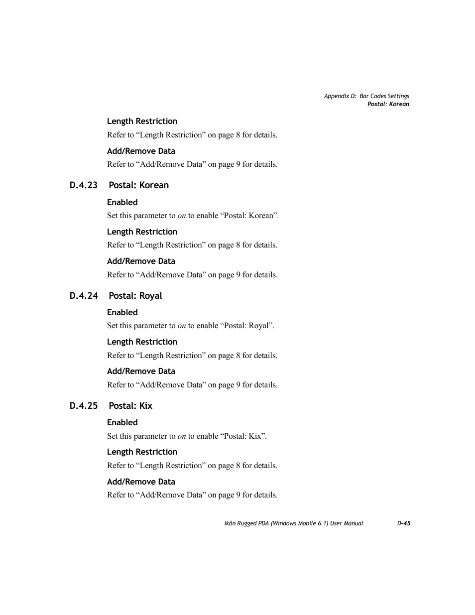 D.4.23 postal: korean, D.4.24 postal: royal, D.4.25 postal: kix | PYLE Audio IKON RUGGED 7505-BT User Manual | Page 393 / 406