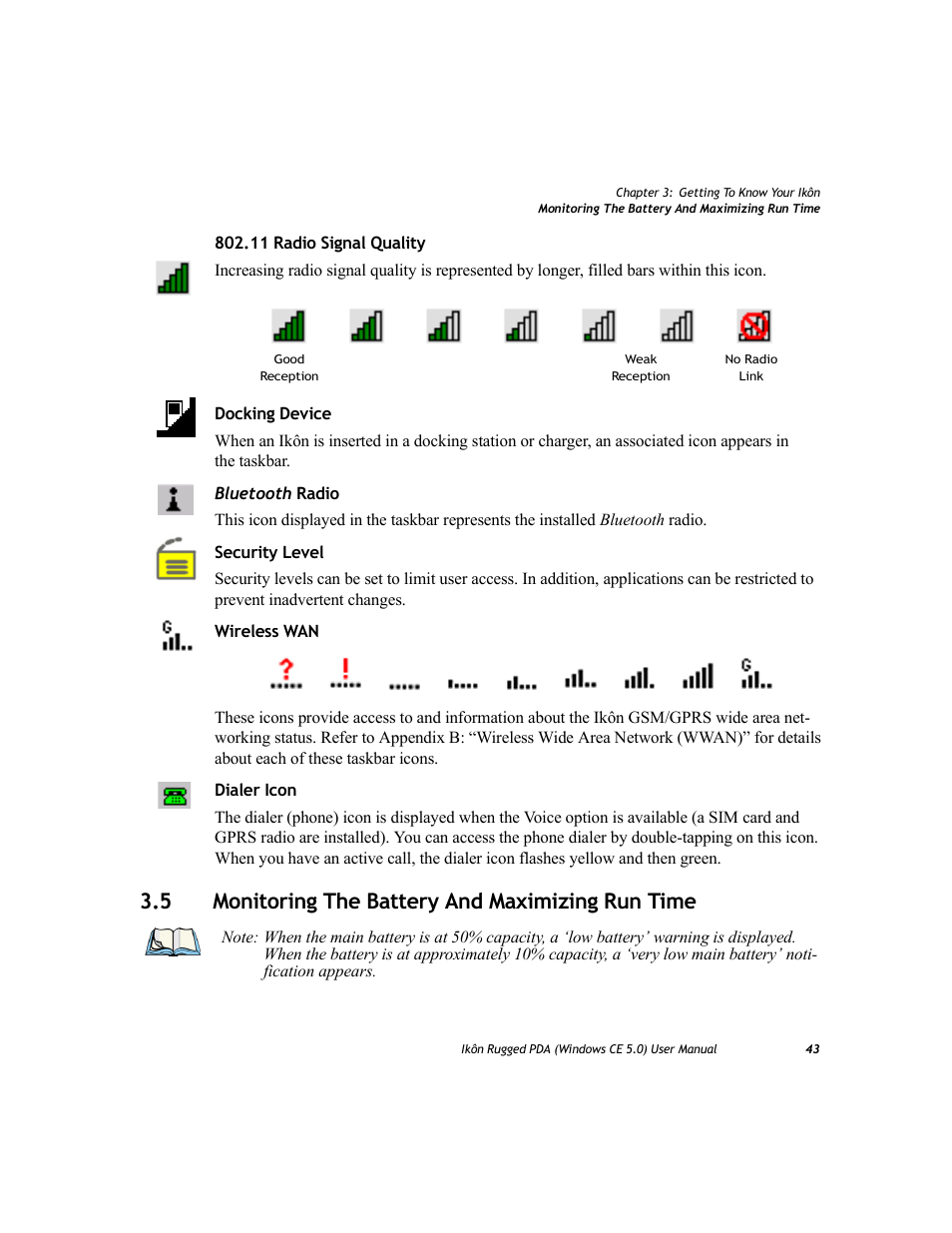 5 monitoring the battery and maximizing run time, Monitoring the battery and maximizing run time | PYLE Audio IKON RUGGED 7505-BTSDCMHC25 User Manual | Page 55 / 324