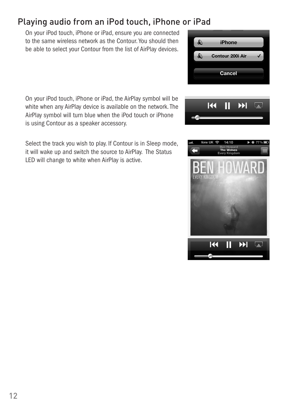 Playing audio from an ipod touch, iphone or ipad | Pure Digital Pure Contour Air 200i User Manual | Page 12 / 28