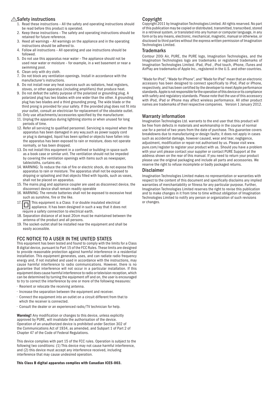 Safety instructions, Fcc notice to a user in the united states, Copyright | Trademarks, Warranty information, Disclaimer | Pure Digital Pure Contour Air 200i User Manual | Page 2 / 28