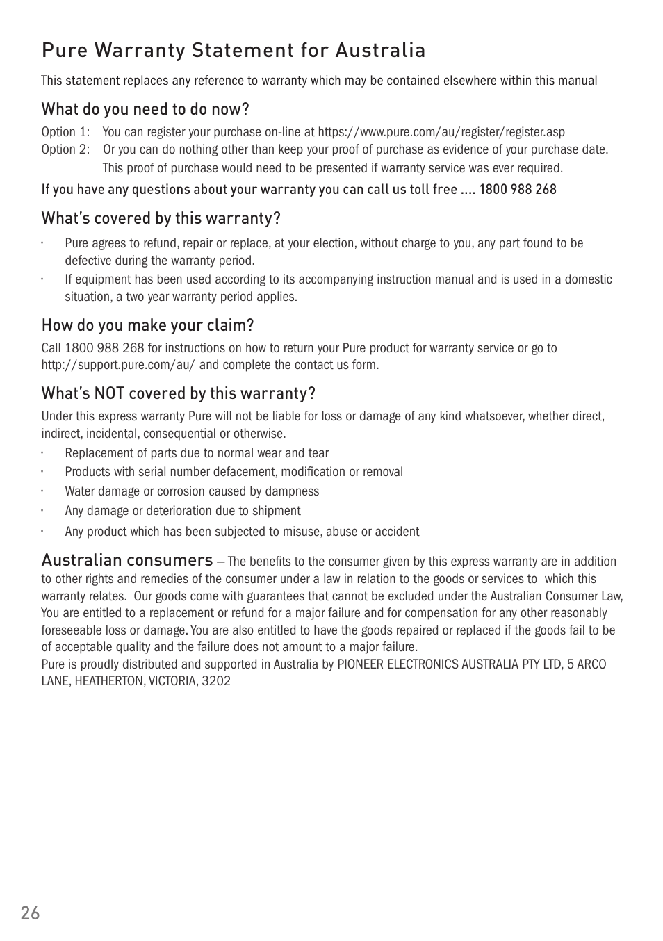 Pure warranty statement for australia | Pure Digital Pure Contour Air 200i User Manual | Page 26 / 28