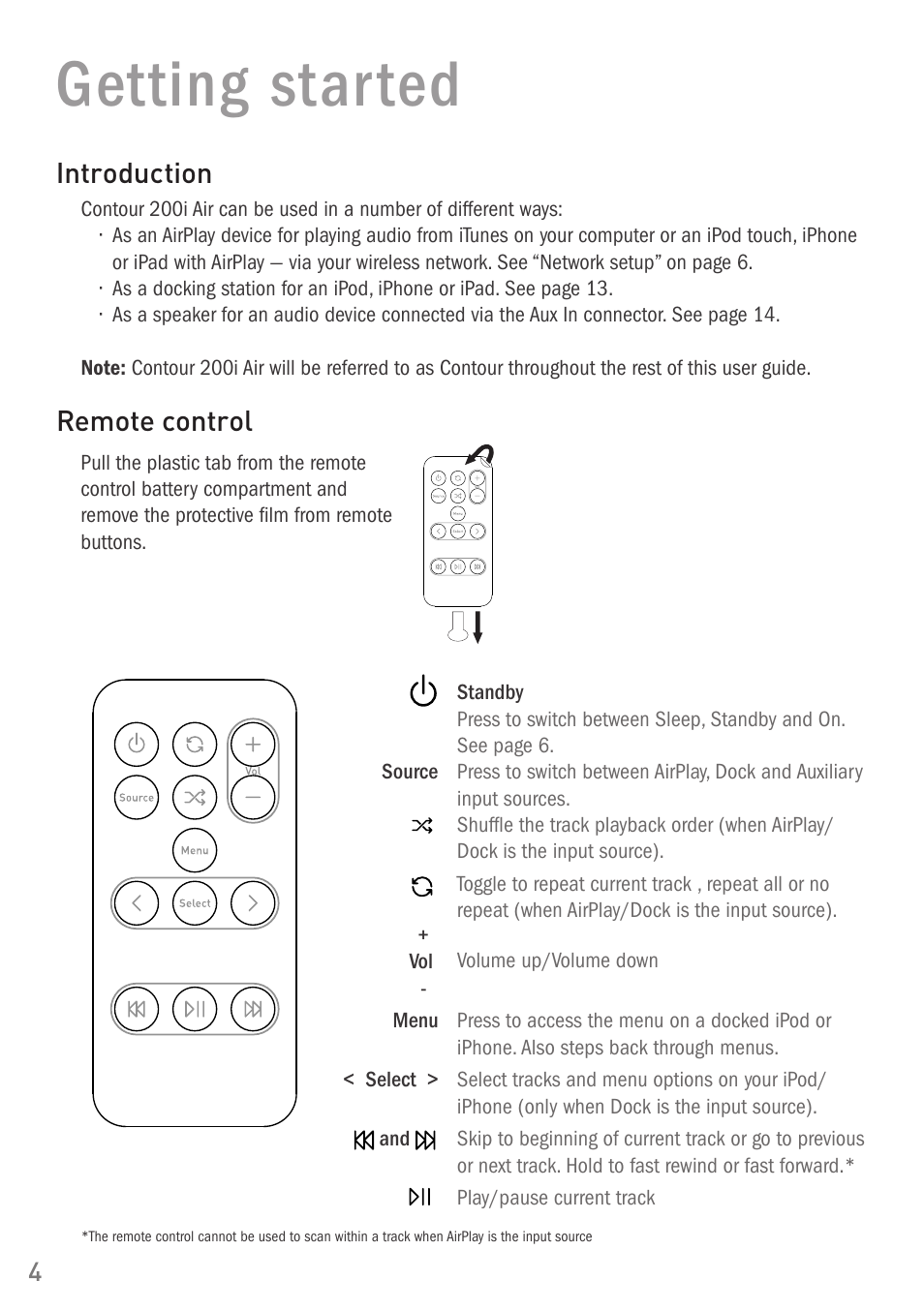 Getting started, Introduction, Remote control | Pure Digital Pure Contour Air 200i User Manual | Page 4 / 28