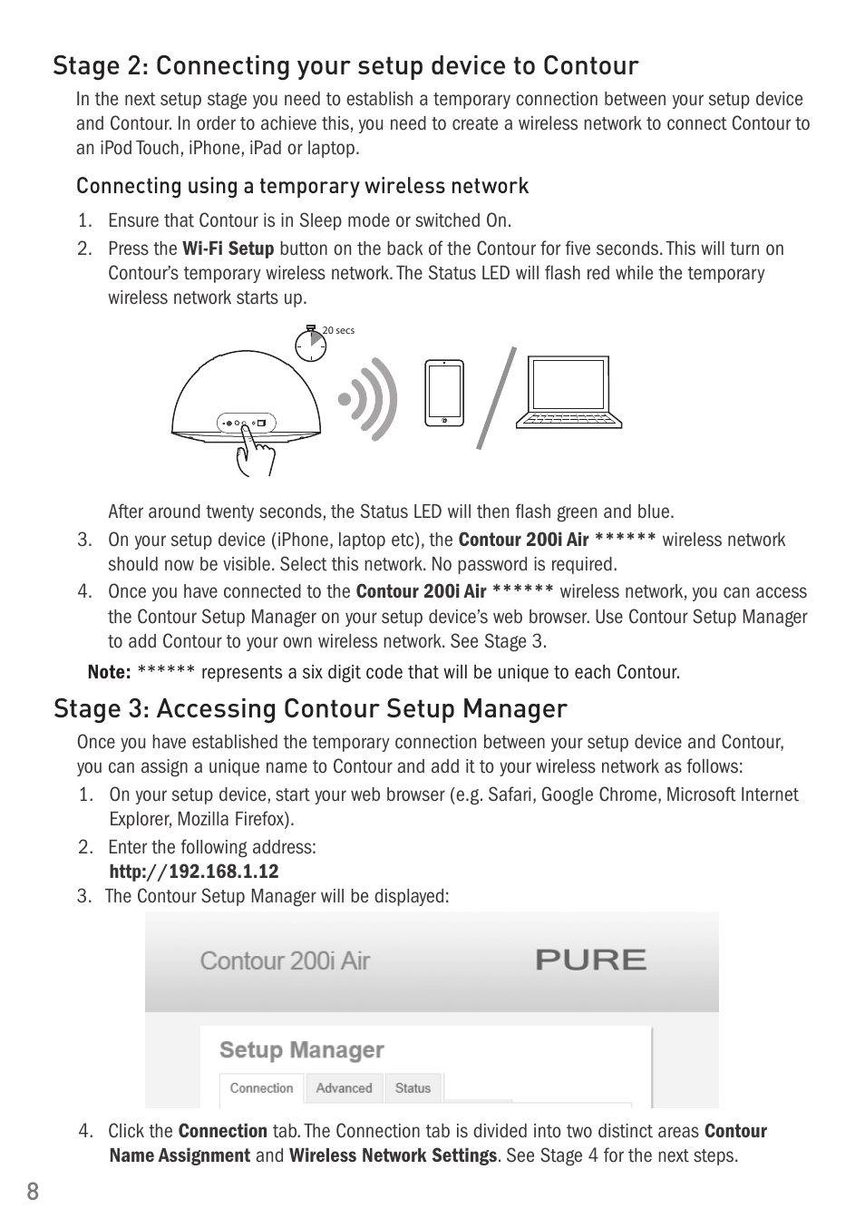 Stage 2: connecting your setup device to contour, Stage 3: accessing contour setup manager | Pure Digital Pure Contour Air 200i User Manual | Page 8 / 28