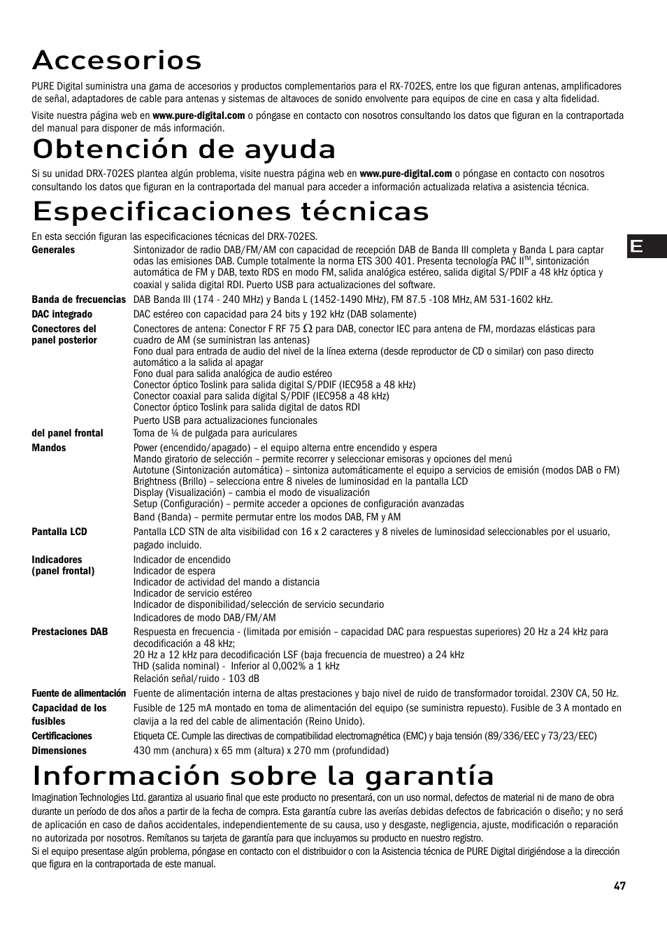 Obtención de ayuda, Accesorios, Especificaciones técnicas | Información sobre la garantía | Pure Digital DRX-702ES User Manual | Page 13 / 16