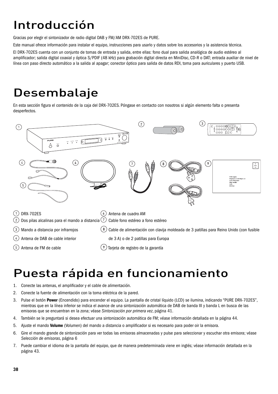 Desembalaje, Introducción, Puesta rápida en funcionamiento | Pure Digital DRX-702ES User Manual | Page 4 / 16