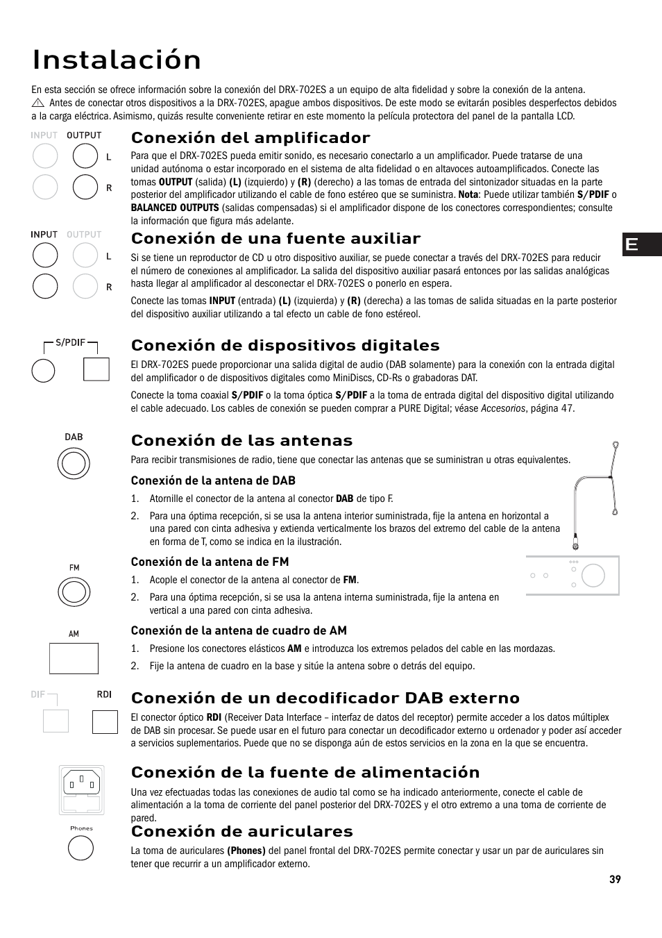 Instalación, Conexión del amplificador, Conexión de una fuente auxiliar | Conexión de dispositivos digitales, Conexión de un decodificador dab externo, Conexión de las antenas, Conexión de la fuente de alimentación, Conexión de auriculares | Pure Digital DRX-702ES User Manual | Page 5 / 16