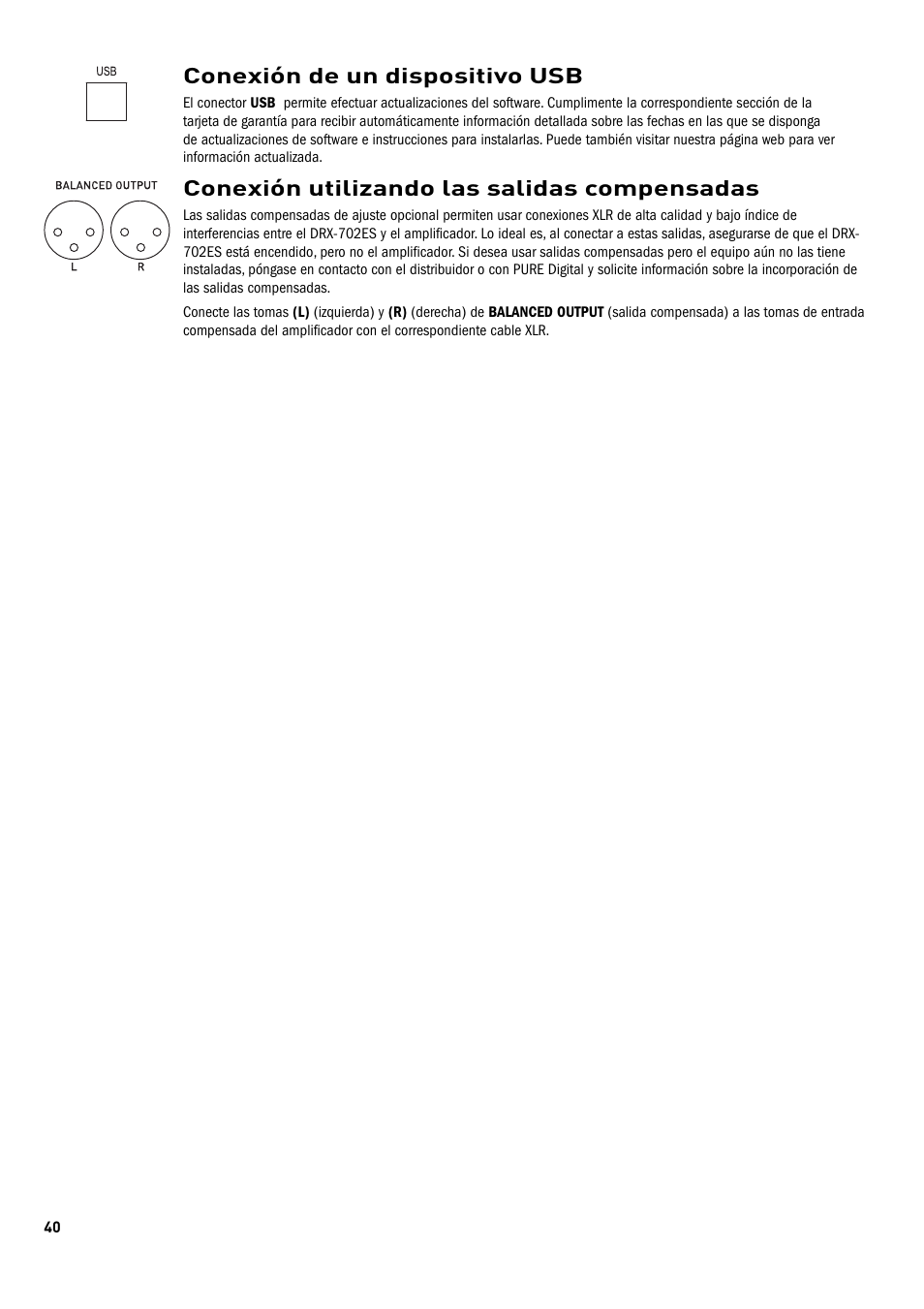 Conexión de un dispositivo usb, Conexión utilizando las salidas compensadas | Pure Digital DRX-702ES User Manual | Page 6 / 16