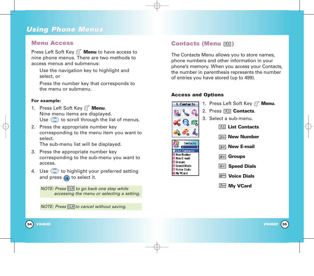 Using phone menus, Contacts (menu ), Menu access | Pure Digital VX4600 User Manual | Page 29 / 80