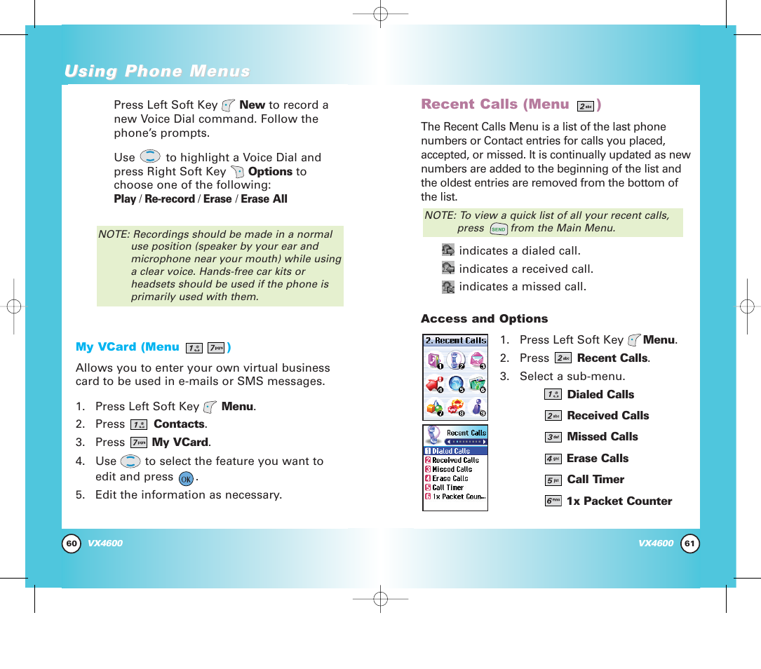 Using phone menus, Recent calls (menu ) | Pure Digital VX4600 User Manual | Page 32 / 80