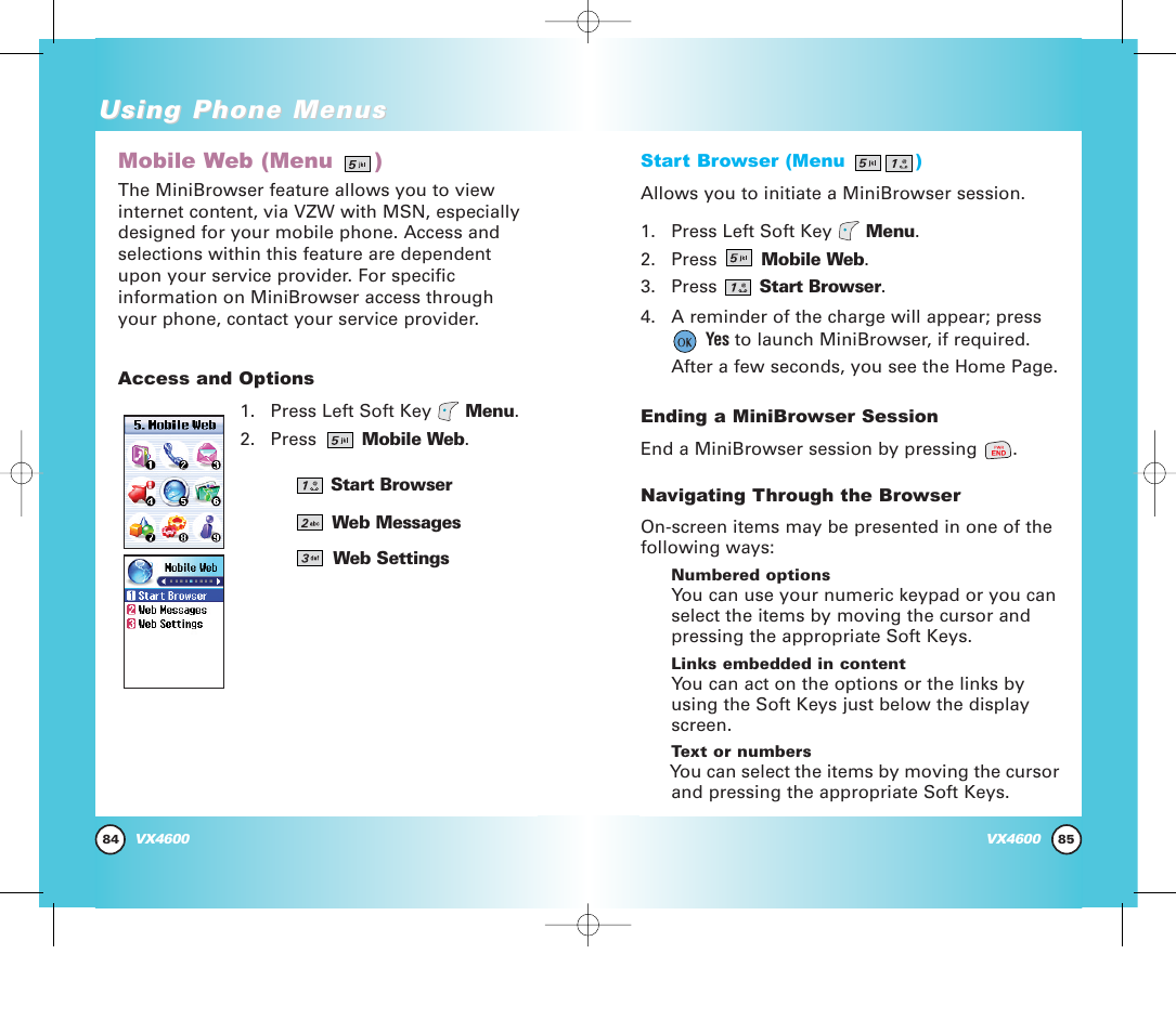 Using phone menus, Mobile web (menu ) | Pure Digital VX4600 User Manual | Page 44 / 80