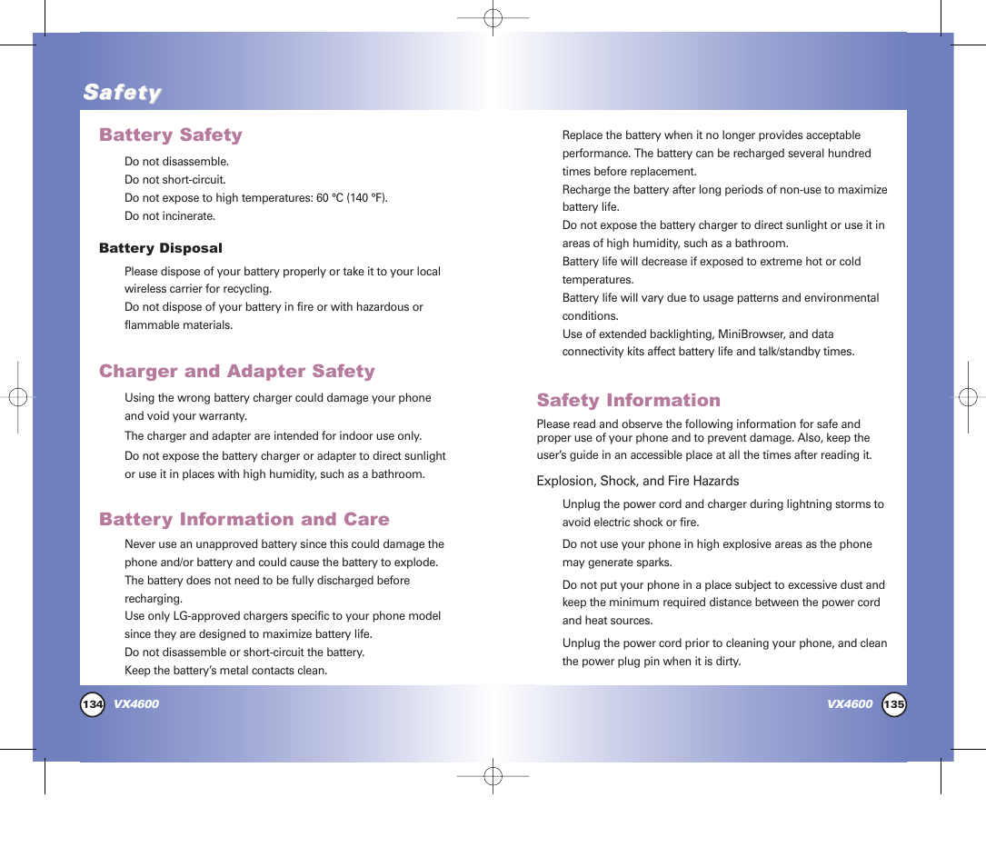 Safety, Safety information, Battery safety | Charger and adapter safety, Battery information and care | Pure Digital VX4600 User Manual | Page 69 / 80