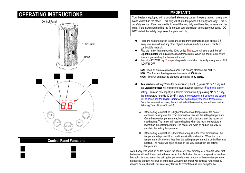 Operating instructions, Ba c control panel functions a c b, Important | Pelonis HC-0125D User Manual | Page 2 / 4