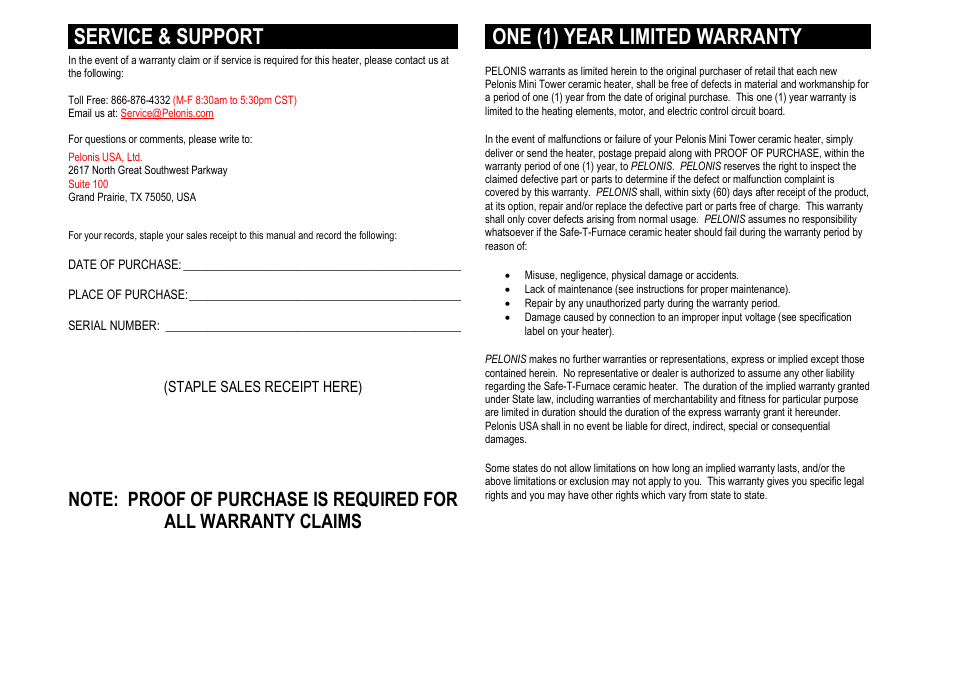 Service & support, One (1) year limited warranty | Pelonis HC-0125D User Manual | Page 4 / 4
