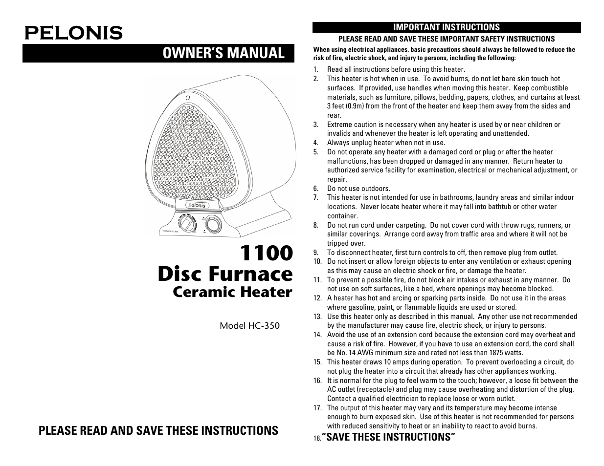 Pelonis DISC FURNACE HC-350 User Manual | 4 pages