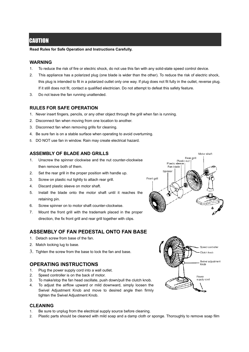 Caution, Assembly of fan pedestal onto fan base, Operating instructions | Pelonis FT30-A4 User Manual | Page 2 / 4