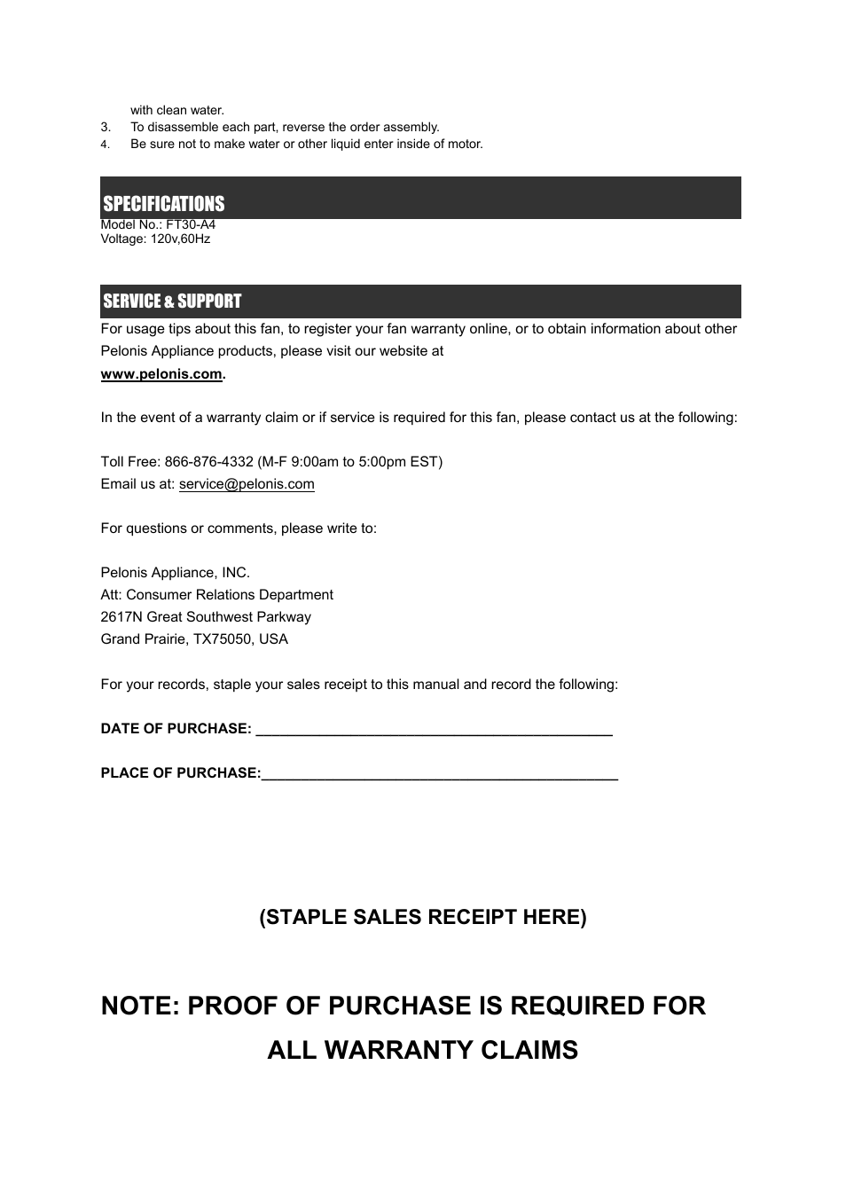 Staple sales receipt here), Specifications | Pelonis FT30-A4 User Manual | Page 3 / 4