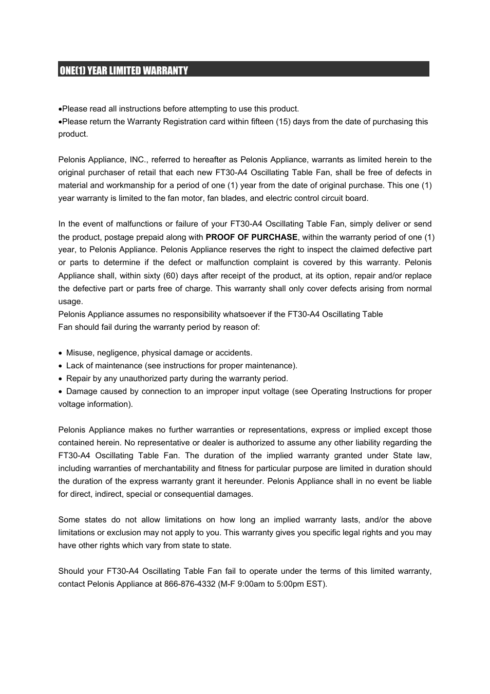 One (1) year limited wa | Pelonis FT30-A4 User Manual | Page 4 / 4