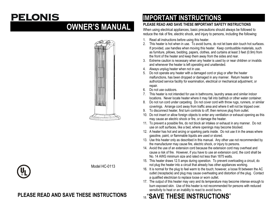 Pelonis HC-0113 User Manual | 4 pages