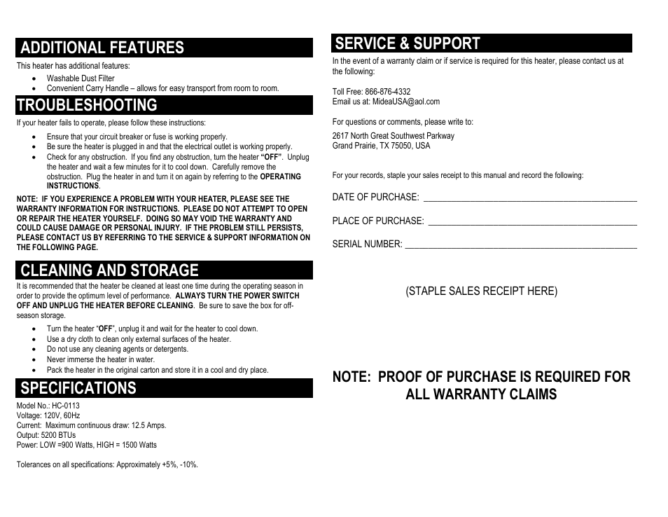 Additional features, Troubleshooting, Cleaning and storage | Specifications, Service & support | Pelonis HC-0113 User Manual | Page 3 / 4