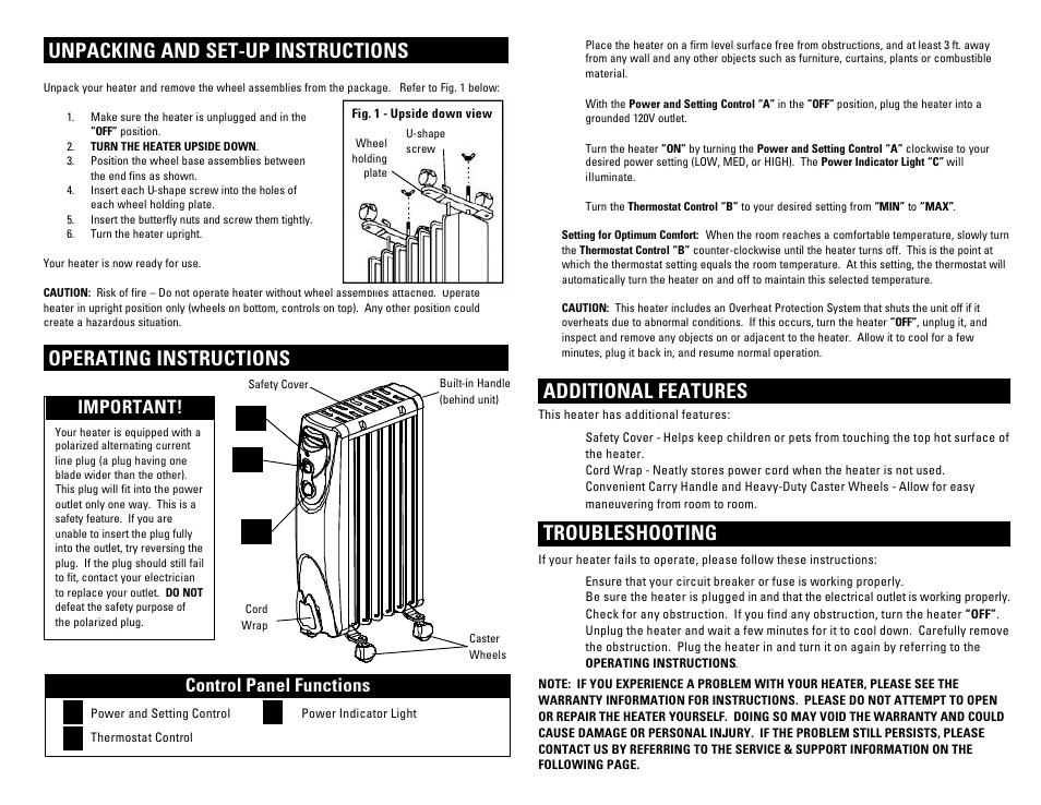 Unpacking and set-up instructions, Operating instructions, Additional features | Troubleshooting, Important, Cb a control panel functions, A b c | Pelonis HO-202C User Manual | Page 2 / 6