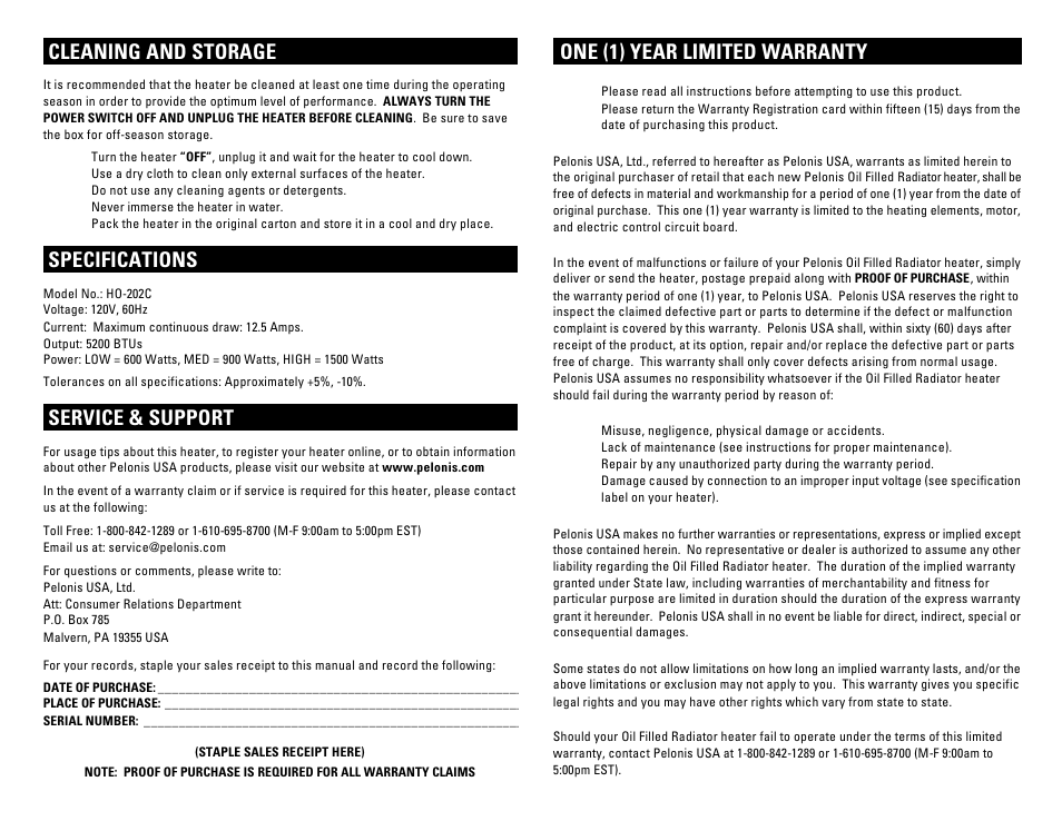 Cleaning and storage, Specifications, Service & support | One (1) year limited warranty | Pelonis HO-202C User Manual | Page 3 / 6