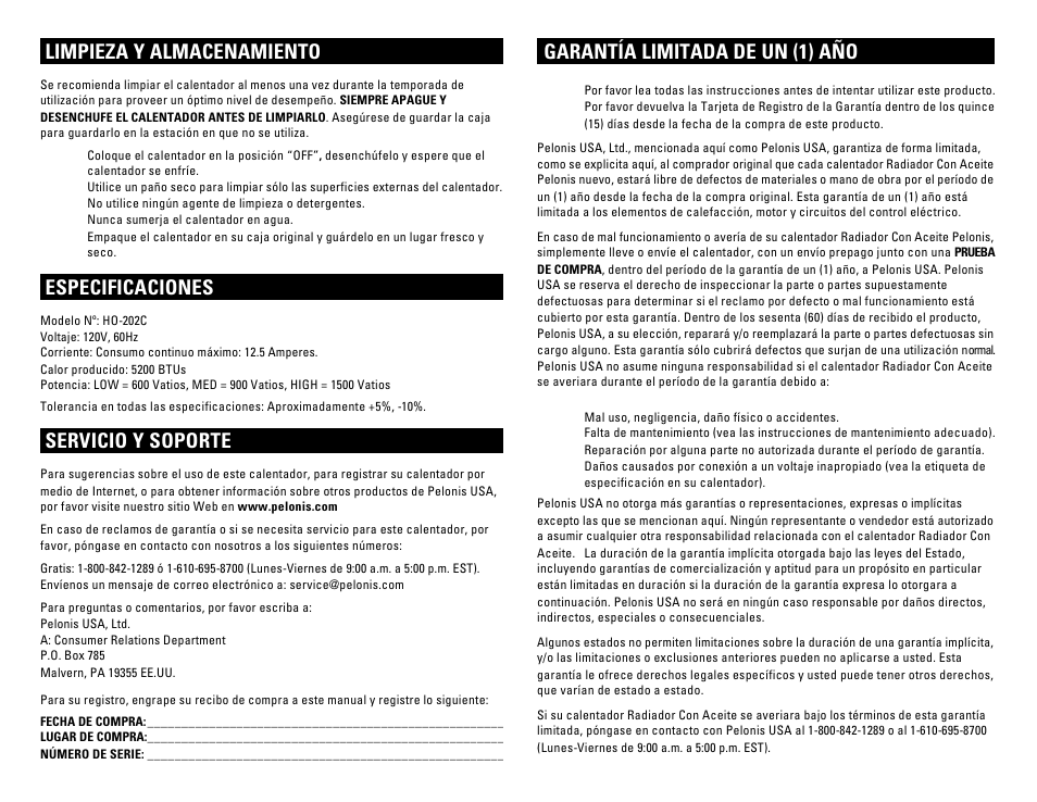 Limpieza y almacenamiento, Especificaciones, Servicio y soporte | Garantía limitada de un (1) año | Pelonis HO-202C User Manual | Page 6 / 6