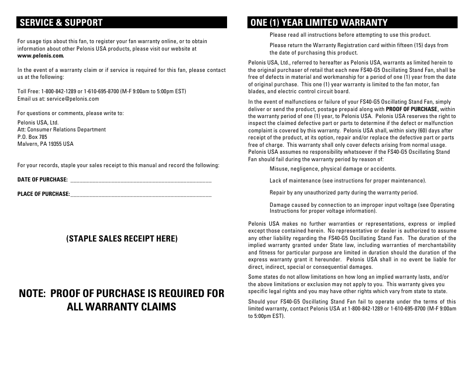 Service & support, One (1) year limited warranty, Staple sales receipt here) | Pelonis FS40-G5 User Manual | Page 4 / 4