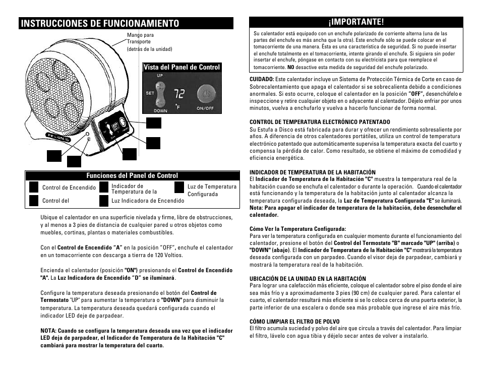 Instrucciones de funcionamiento, Importante, Ba d e c | Pelonis HC-461 User Manual | Page 6 / 8