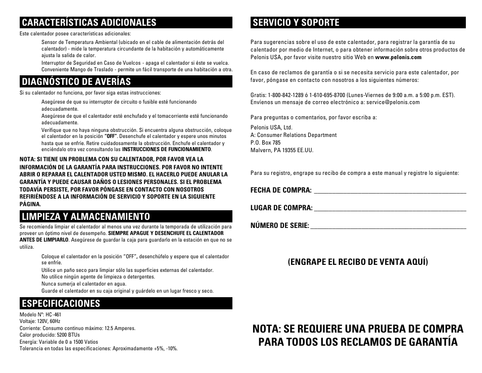 Servicio y soporte, Características adicionales, Diagnóstico de averías | Limpieza y almacenamiento, Especificaciones, Engrape el recibo de venta aquí) | Pelonis HC-461 User Manual | Page 7 / 8