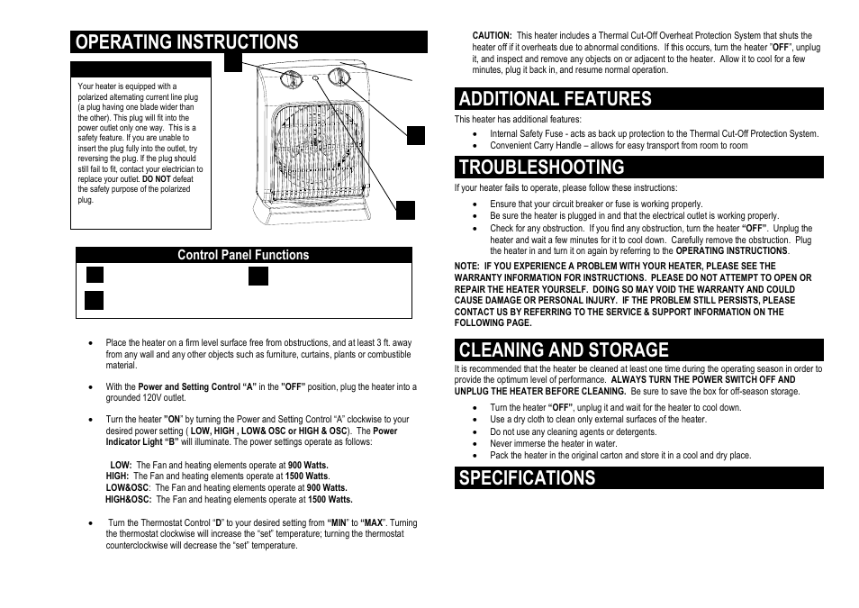 Additional features, Troubleshooting, Cleaning and storage | Specifications, Operating instructions | Pelonis HF-0023 User Manual | Page 2 / 3