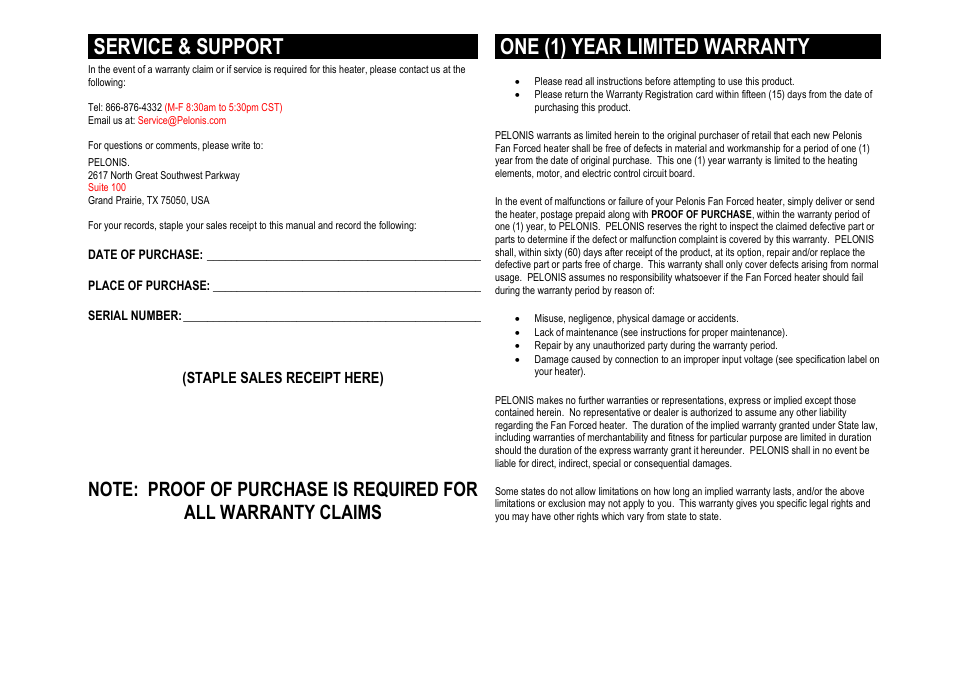Service & support, One (1) year limited warranty | Pelonis HF-0023 User Manual | Page 3 / 3