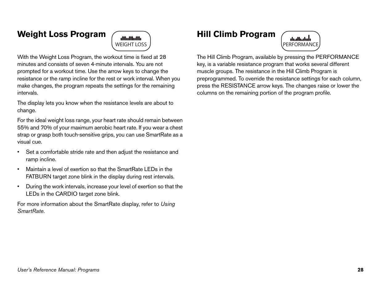 Weight loss program, Hill climb program, Weight loss program hill climb program | Precor 946i User Manual | Page 77 / 101
