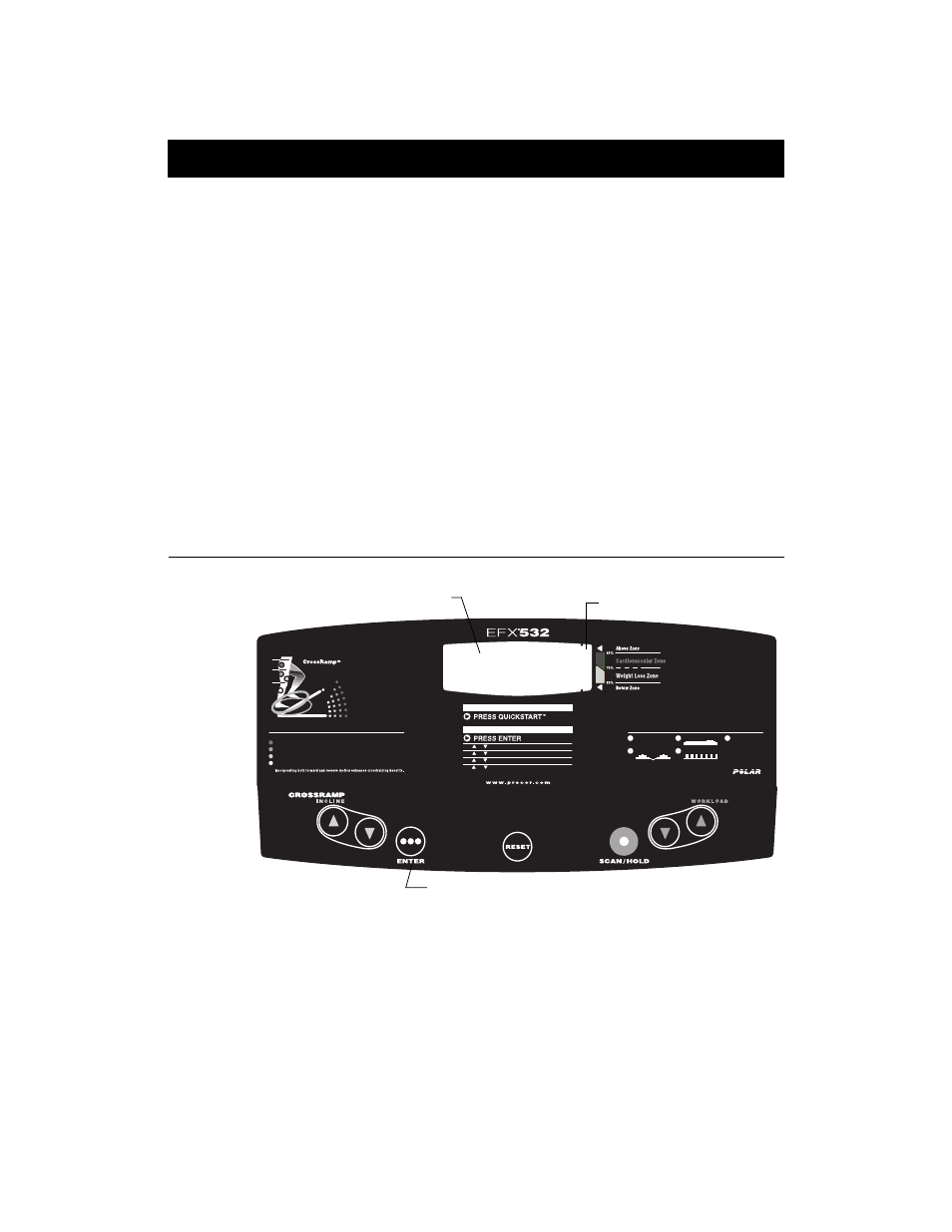 The efx532 display, Features on the display console, Center display | Smart rate, Bar graph | Precor EFX 532 User Manual | Page 20 / 44