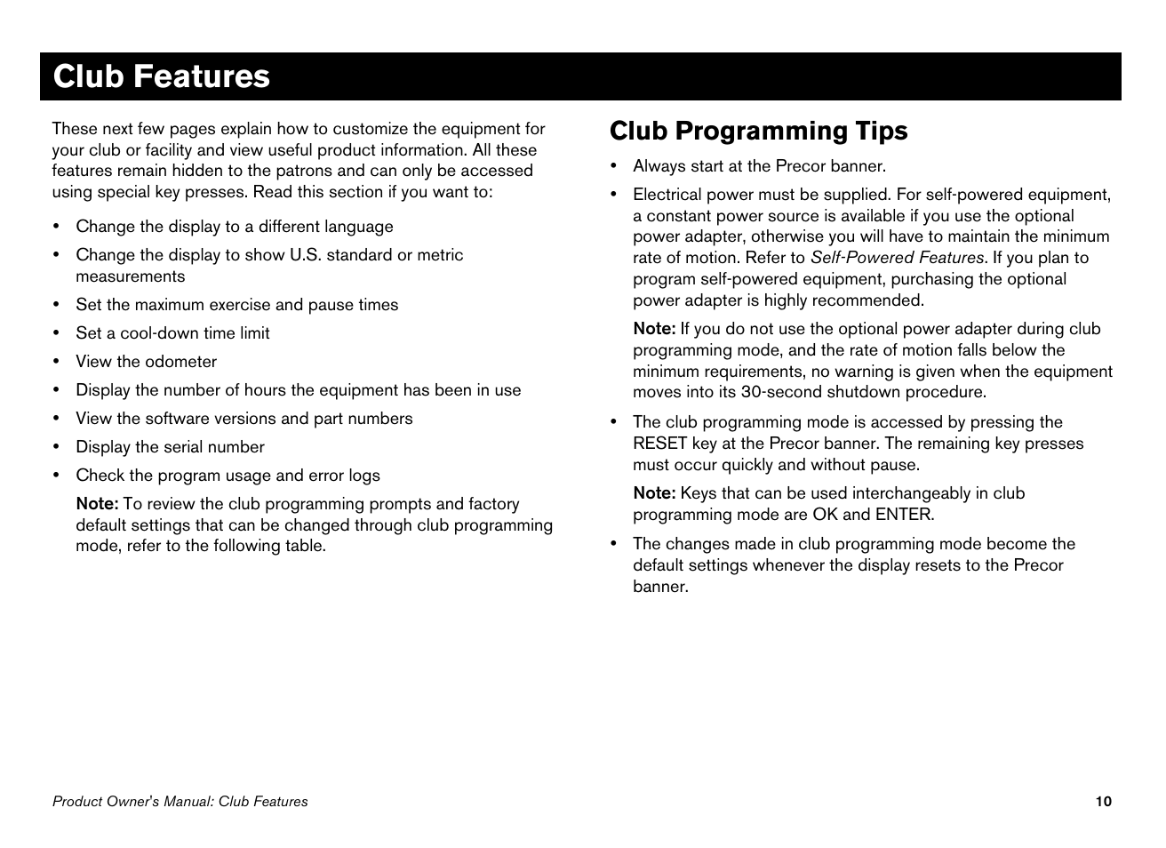 Club features, Club programming tips | Precor 100i User Manual | Page 12 / 80
