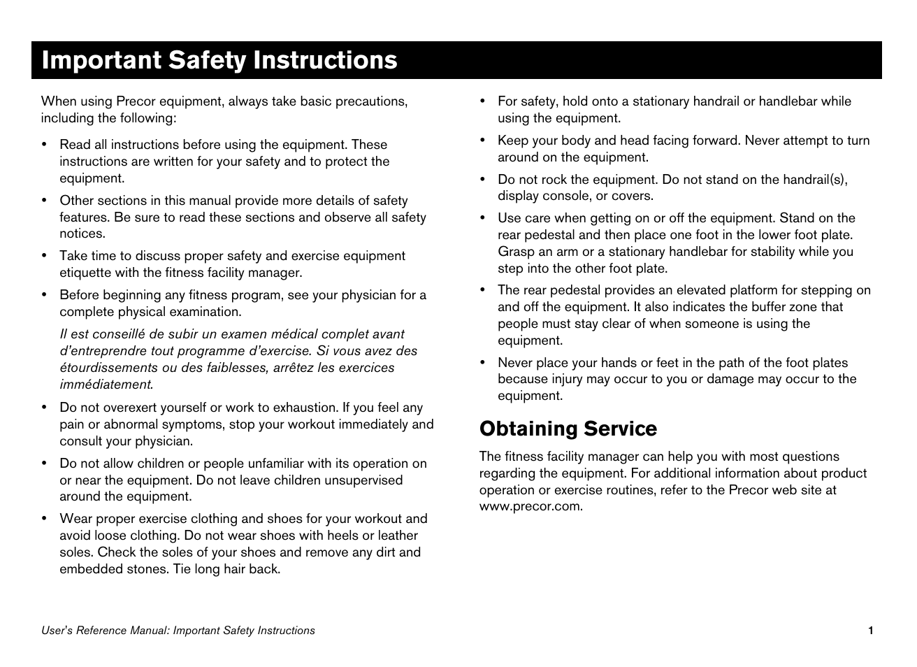 Important safety instructions, Obtaining service | Precor 100i User Manual | Page 31 / 80