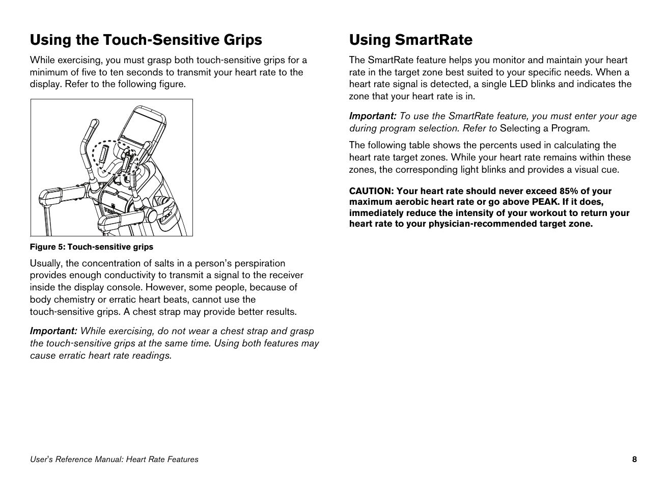 Using the touch-sensitive grips, Using smartrate | Precor 100i User Manual | Page 38 / 80