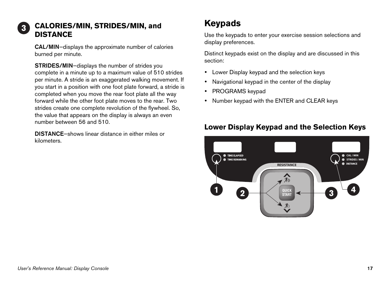 Keypads, Calories/min, strides/min, and distance, Lower display keypad and the selection keys | Precor 100i User Manual | Page 47 / 80
