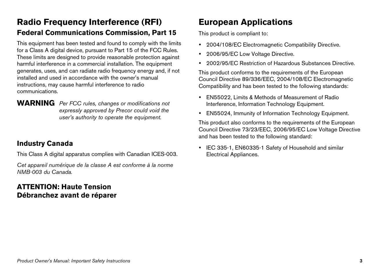 Radio frequency interference (rfi), European applications, Warning | Precor 100i User Manual | Page 5 / 80