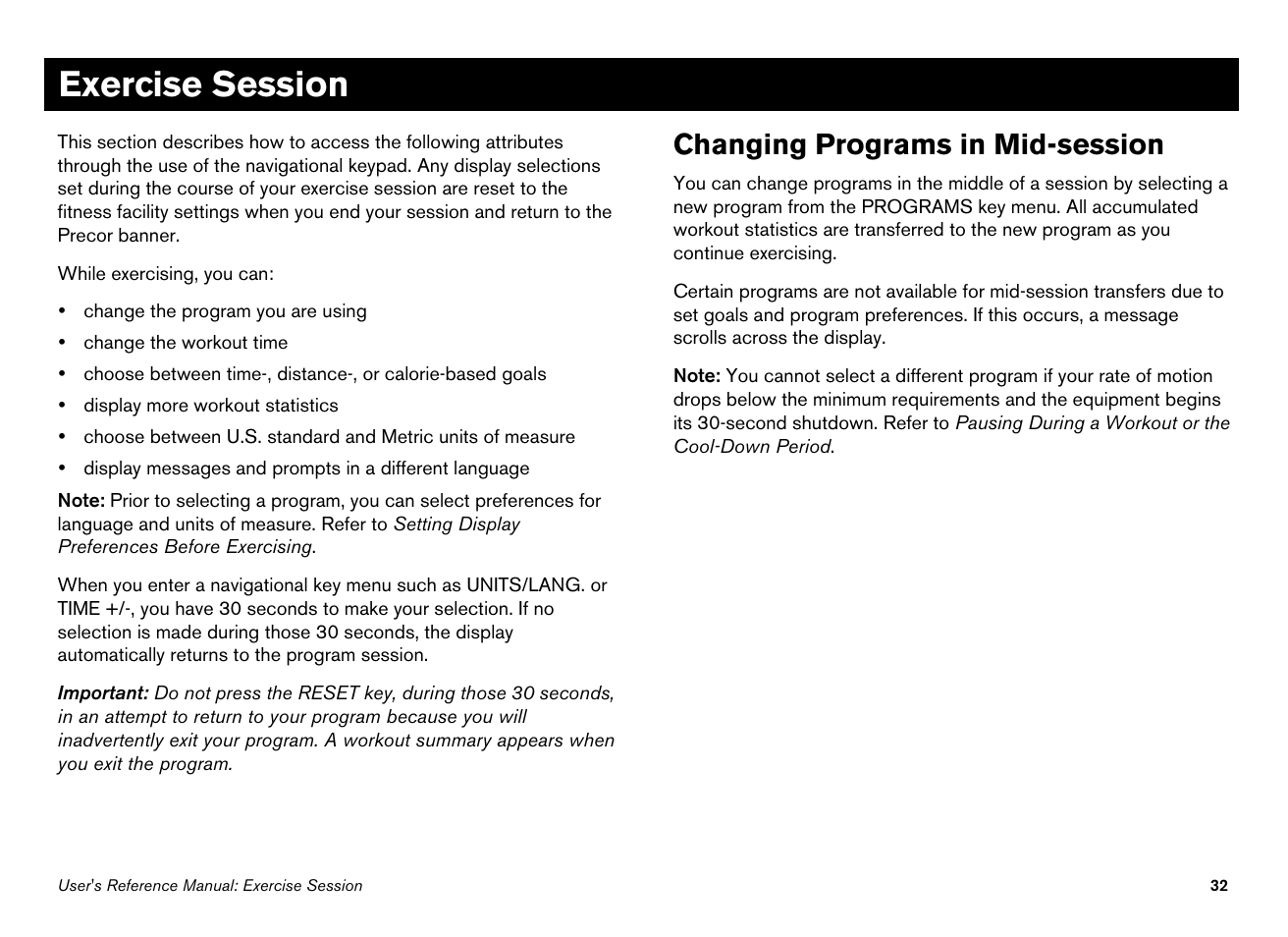Exercise session, Changing programs in mid-session | Precor 100i User Manual | Page 62 / 80