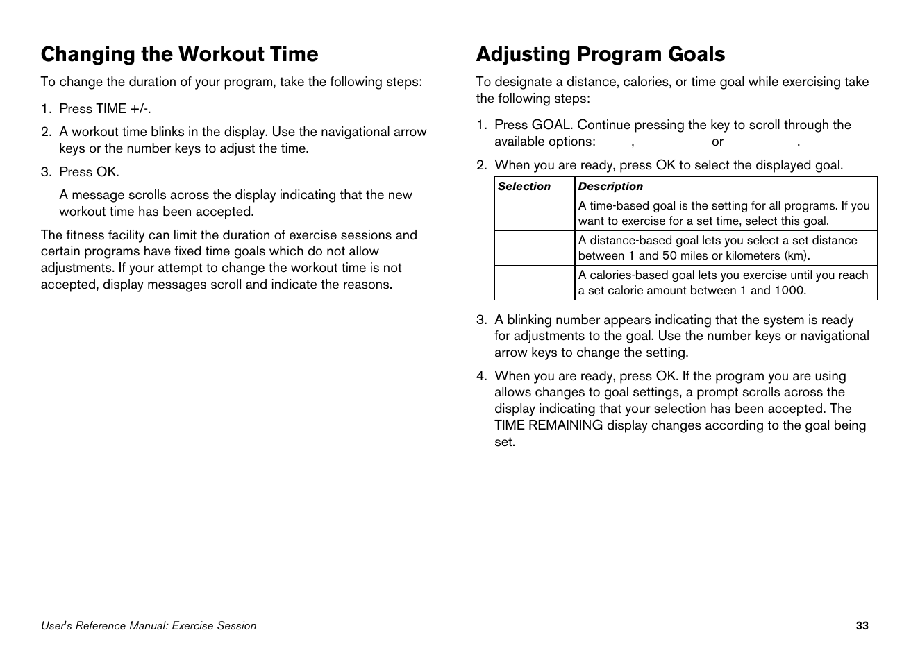 Changing the workout time, Adjusting program goals | Precor 100i User Manual | Page 63 / 80