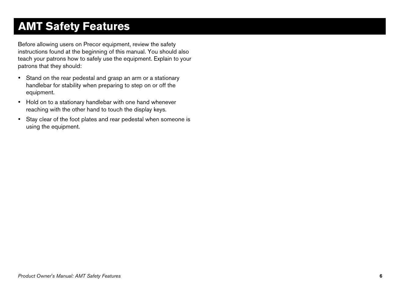 Amt safety features | Precor 100i User Manual | Page 8 / 80