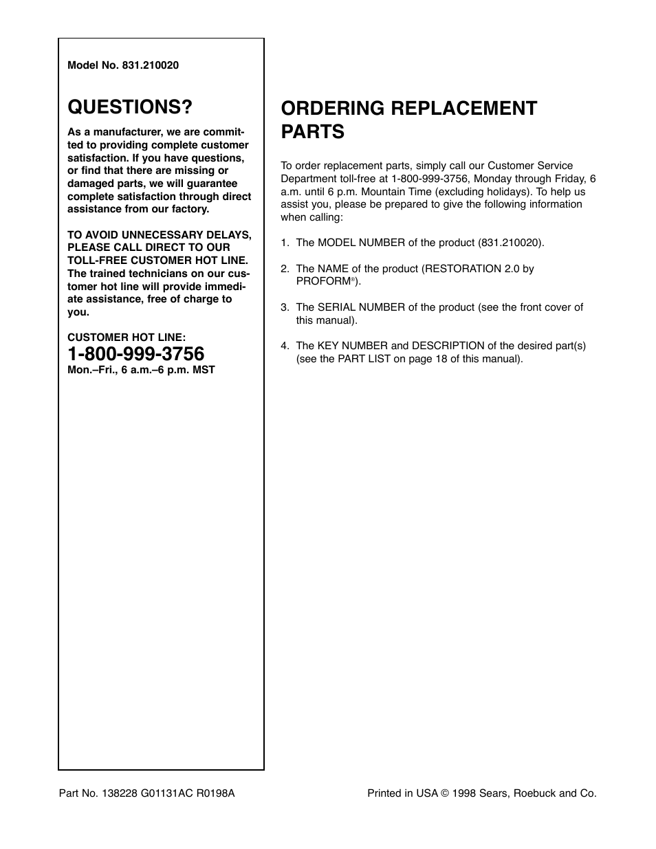 Questions, Ordering replacement parts | ProForm 831.21002 User Manual | Page 20 / 20